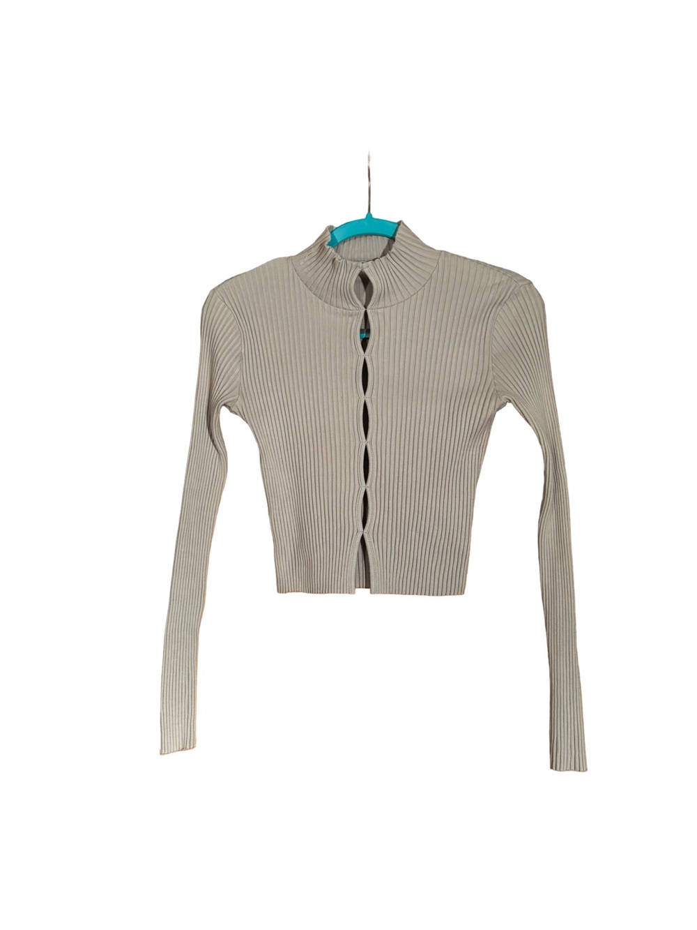 ZARA Ribbed Cutout Mock Neck Cropped Long-Sleeve Top - Gray